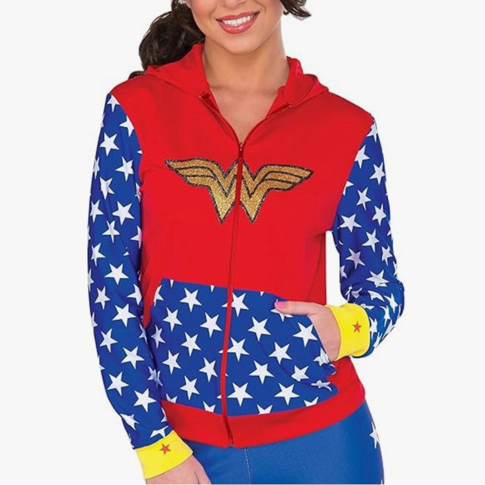 NEW Rubie’s Wonder Woman zip-up hoodie with gold glitter WW emblem